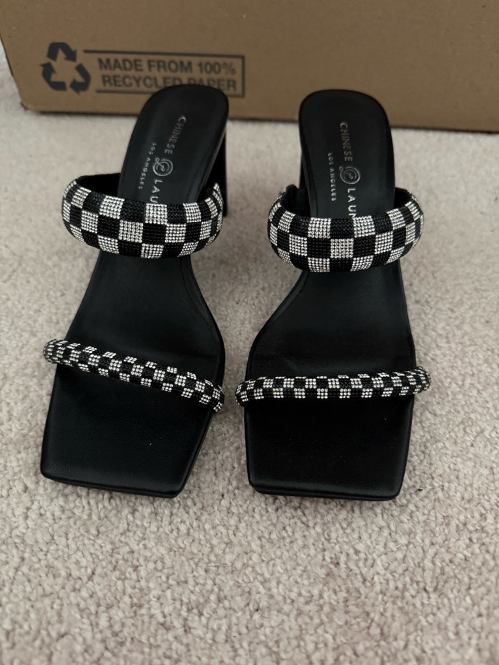 Chinese Laundry Black and White Beaded Checkered Mule Heels